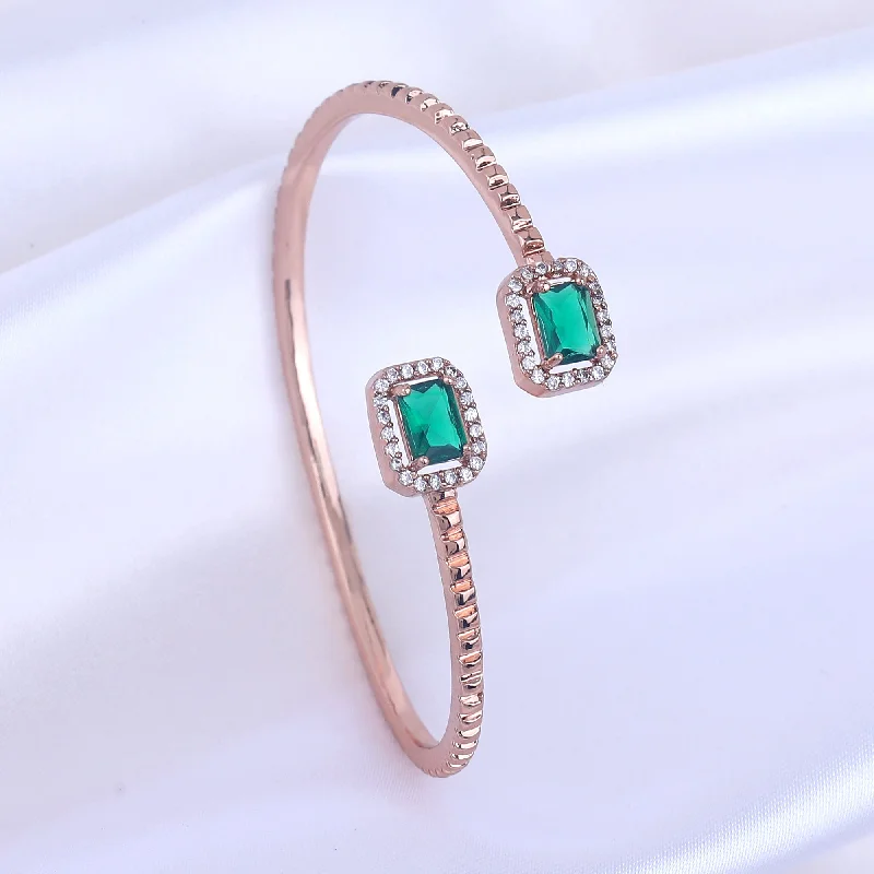 Women's sustainable bangles-Estele Rosegold Plated Minimalist Lightweight Kada Bracelet with Dazzling Green Diamonds|Beautiful Jewelry for Women