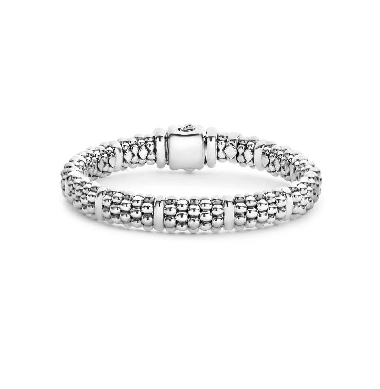 Women's stainless steel bangles-LAGOS Signature Caviar 9mm Silver Station Bracelet