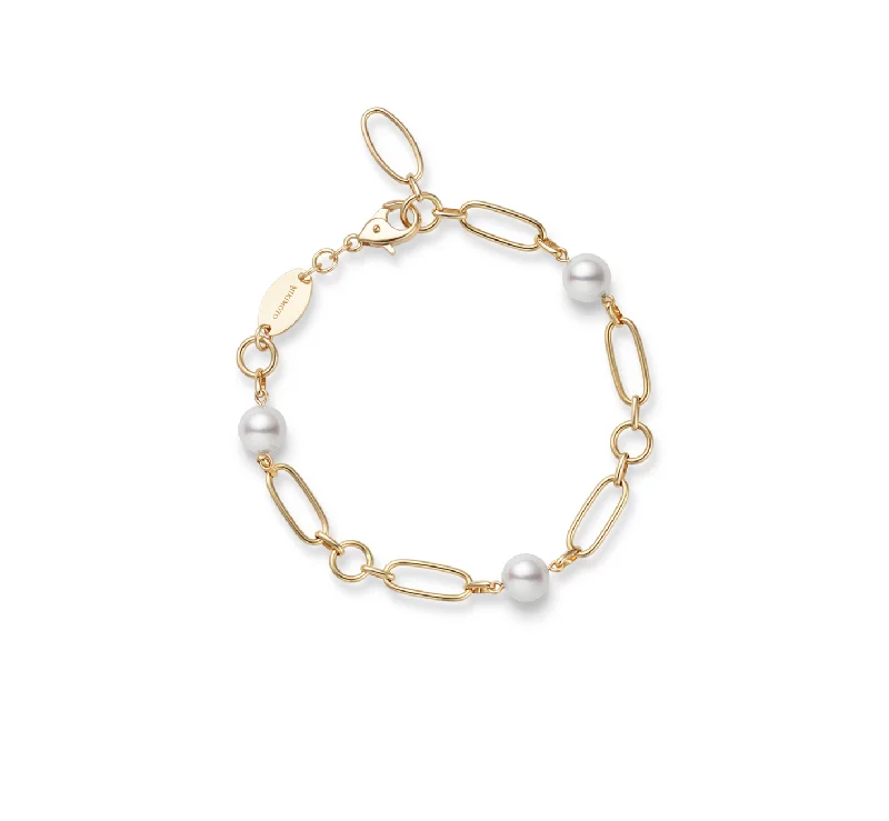 Women's titanium bangles-Mikimoto 18K Yellow Gold 6.5mm Akoya Pearl Station Chain Bracelet