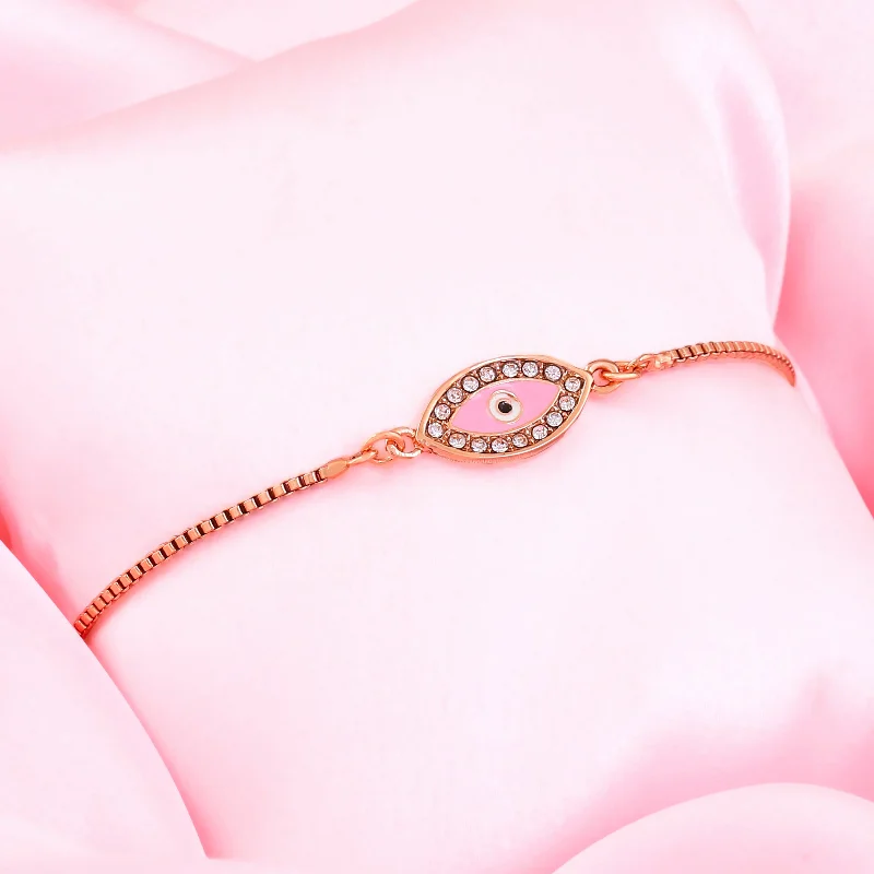 Women's rose gold bangles-Estele Rose Gold Plated Evil Eye Designer Link Bracelet with Crystals for Women