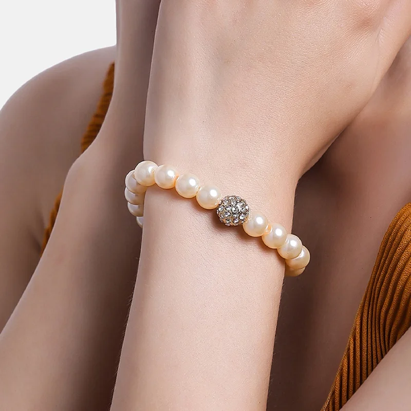 Women's luxury brand bangles-Estele - Fancy Cream Pearl Single line Bracelet with Crystal Balls