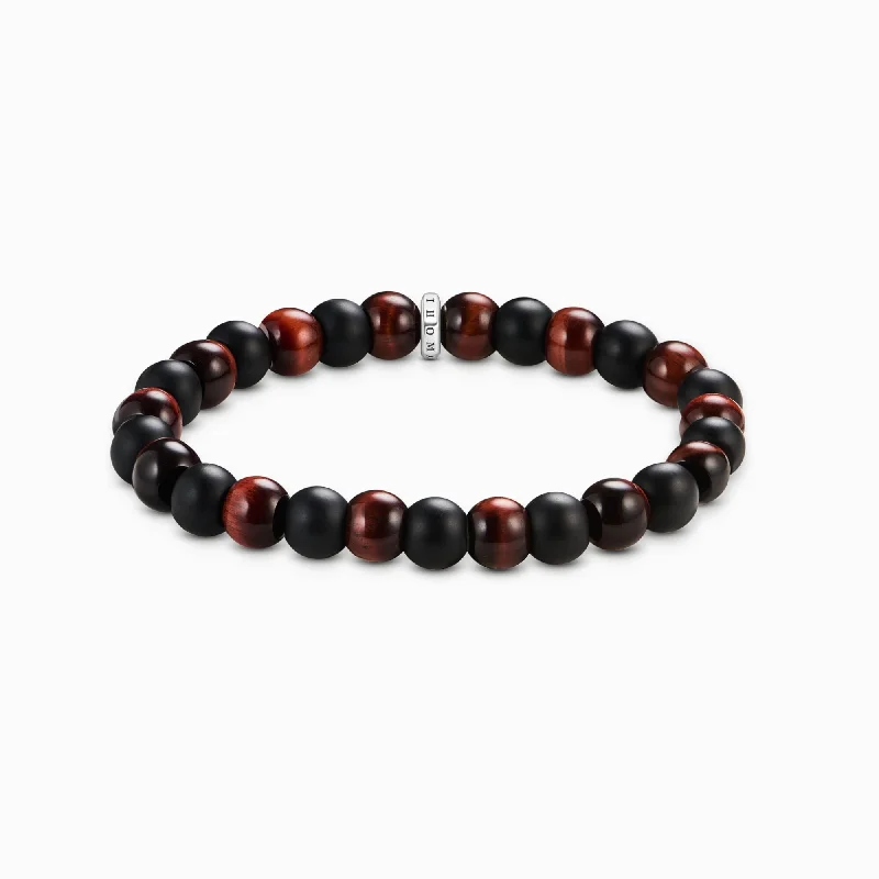 Women's cuff bracelets-Sterling Silver Obsidian & Red Tiger's Eye Beaded Bracelet A2196-806-7