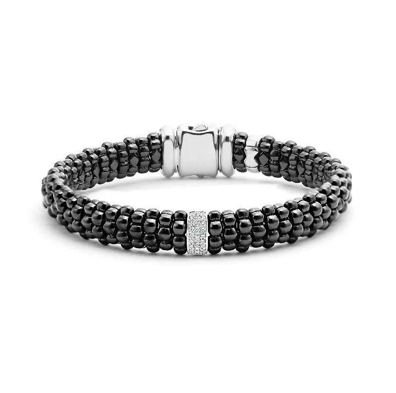 Women's luxury gift bangles-LAGOS Black Caviar Single Station Ceramic Diamond Bracelet