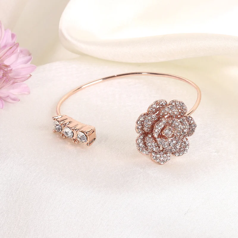 Women's bohemian bangles-Estele Valentine ROSE Special Exclusive Rose Motif Cuff Bracelet: Luxurious Rosegold Plated with Floral Charms Perfect Accessory for Women's Fashion & Gifts