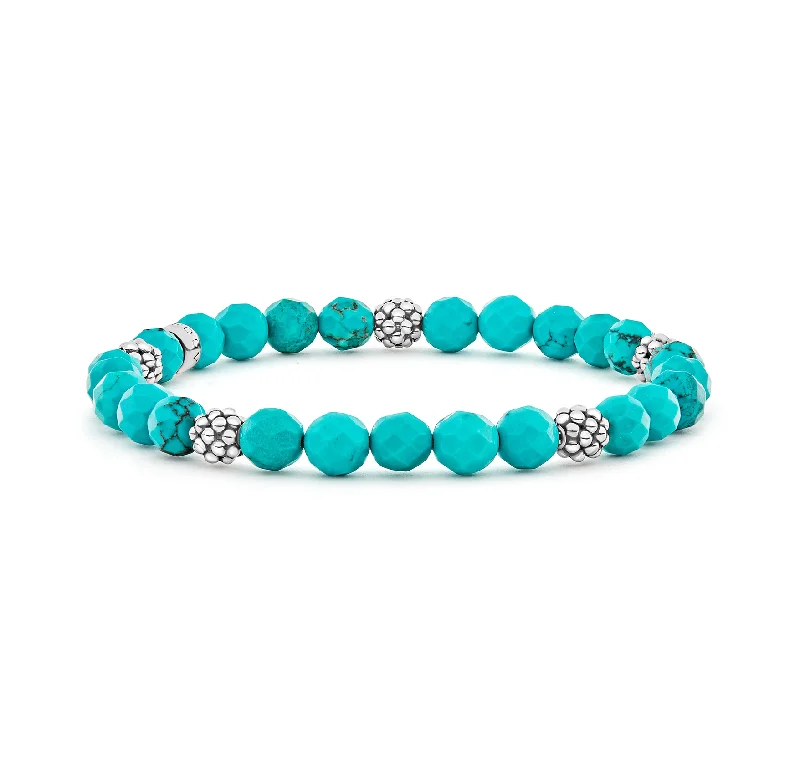 Women's family bangles-LAGOS Signature Caviar Five Station Silver Turquoise Bead Bracelet