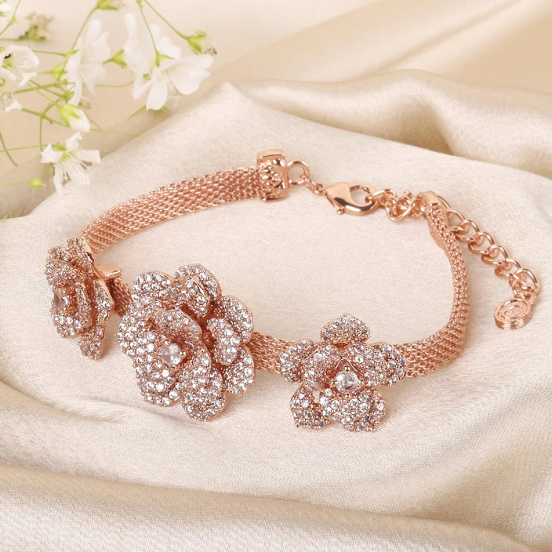 Women's cuff bracelets-Estele Valentine ROSE Special-Exclusive Rose Charm Bracelet for Women: Intricately Rose Motifs & a Luxurious Finish with White American Diamond for Timeless Elegance