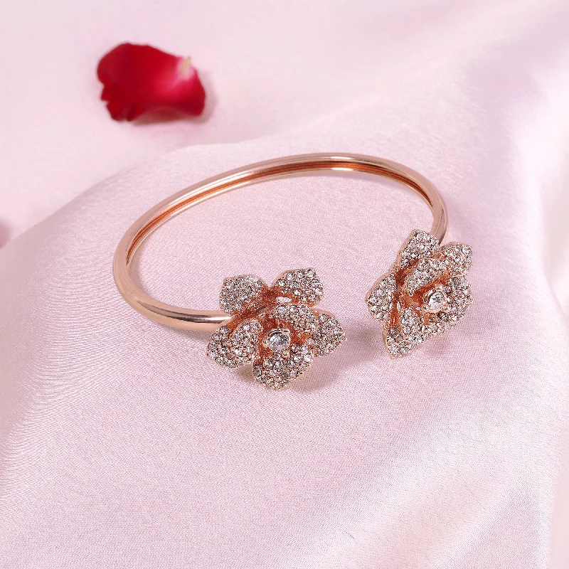 Women's sapphire bangles-Estele Valentine ROSE Special Floral Rose Motif Cuff Bracelet: Exclusive Rosegold Plated Elegance for Women Ideal for Special Events & Daily Glam