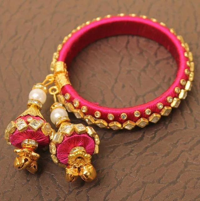 Women's charm bracelets-Designer Kundan Silk thread Adjustable Bracelet With Latkan Magenta