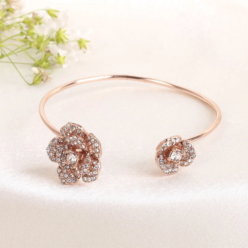 Women's diamond bangles-Estele Valentine ROSE Special Stunning Floral Rose Design Cuff Bracelet with Premium Rosegold Finish Jewelry for Women A Timeless Piece for All Occasions