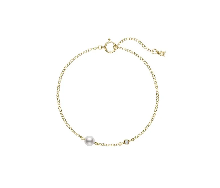 Women's silver-plated bangles-Mikimoto 18K Yellow Gold Akoya Pearl Station Bracelet with Diamonds