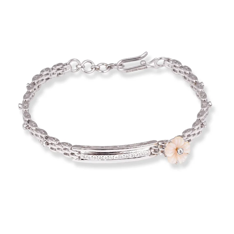 Women's sustainable bangles-18ct White Gold Pavé Diamond and Cultured Pearl ID Bracelet with Flower Accent MCS6912