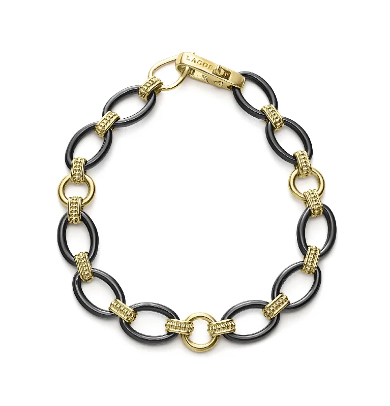 Women's graduation bangles-LAGOS Gold & Black Caviar Ceramic Link Bracelet