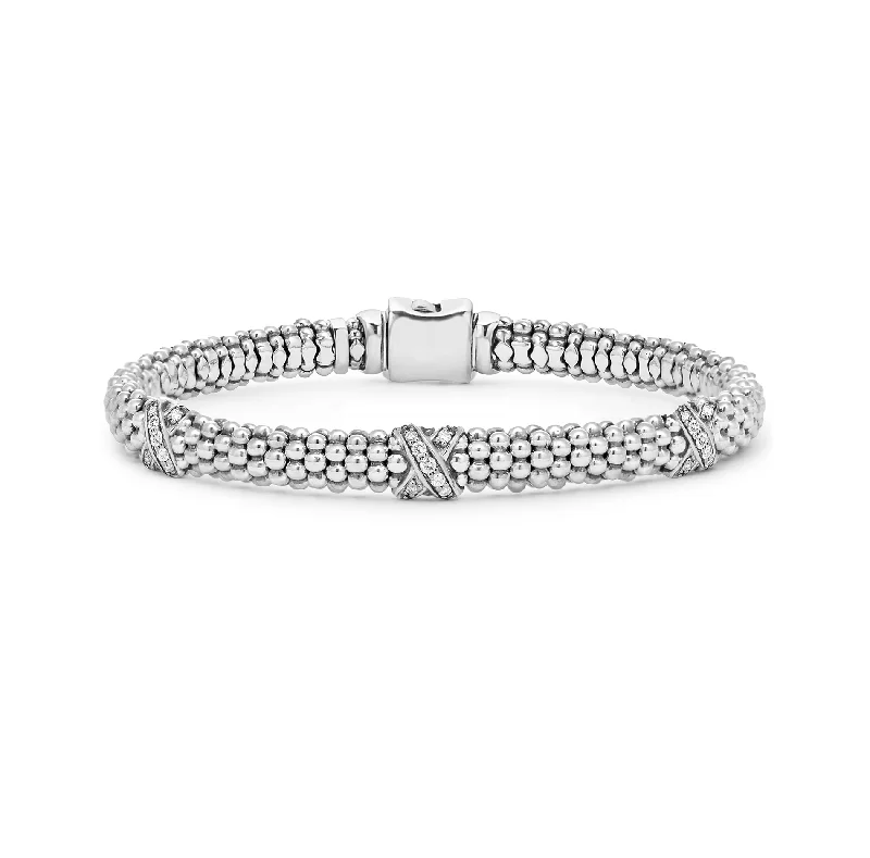 Women's art deco bangles-LAGOS Caviar Lux Three Station Silver X Diamond Bracelet