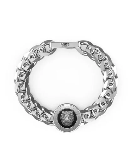 Women's diamond bangles-Gents Large Lion Head Black Coin Bracelet UMB01314STBKL