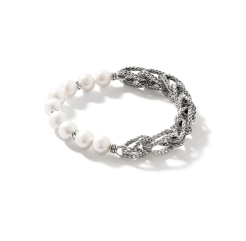 Women's beaded bracelets-John Hardy Silver Chain Link Bracelet with Fresh Water Pearls