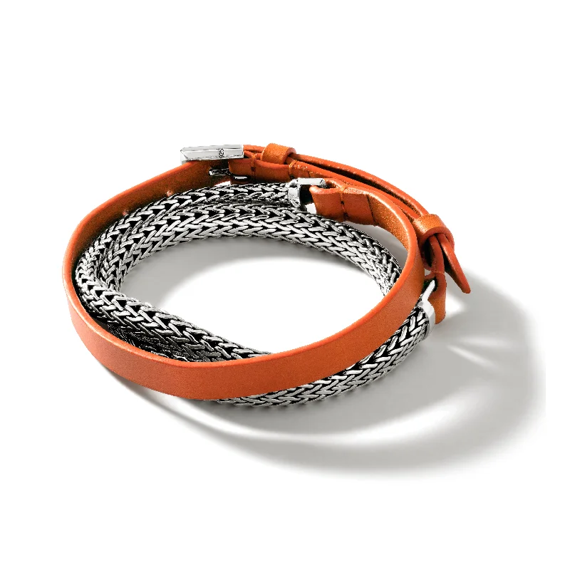 Women's casual bangles-John Hardy Classic Chain Silver Three Wrap Chain and Orange Leather Bracelet