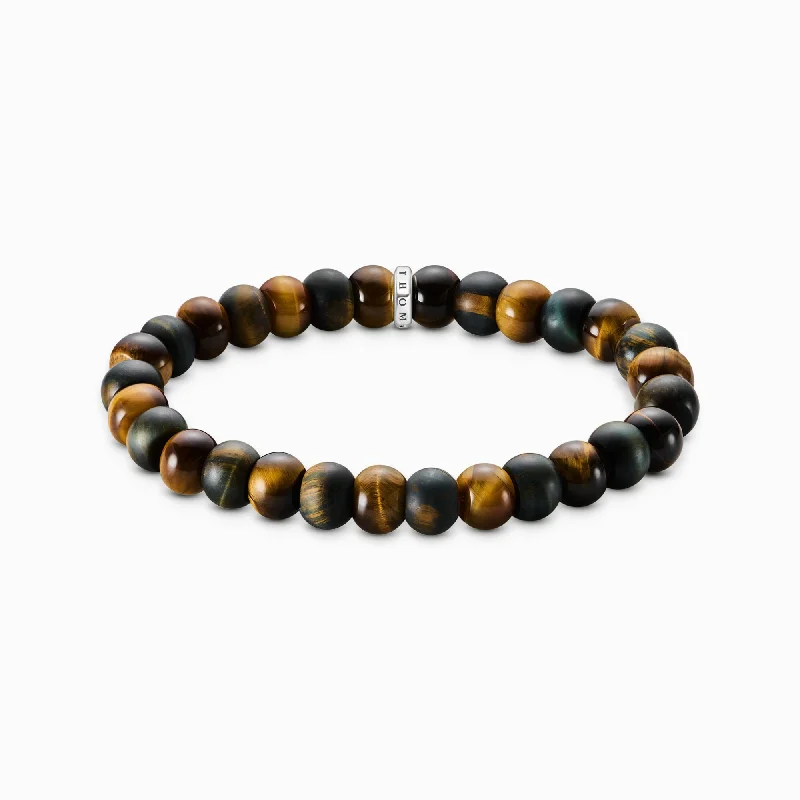 Minimalist women's bangles-Sterling Silver Gold-brown & Blue-gold Tiger's Eye Beaded Bracelet A2196-826-2