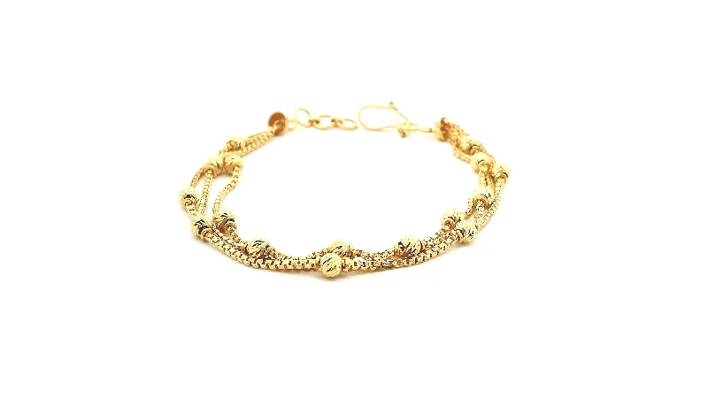 Women's handmade artisan bangles-22ct Yellow Gold Ladies Three-Row Box Chain Bracelet with Diamond-Cut Beads & U Hook Clasp - Elegant Jewellery Gift