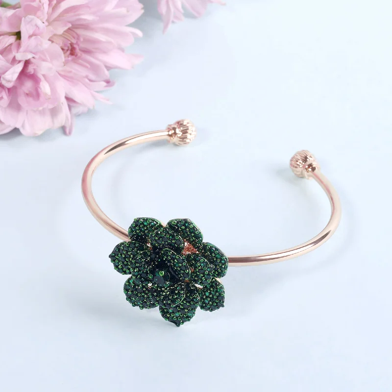 Women's silver-plated bangles-Estele Valentine ROSE Special Stylish Comfort Fit Rose Motif Cuff Bracelet with Green American Diamonds for Women A Timeless Statement Piece