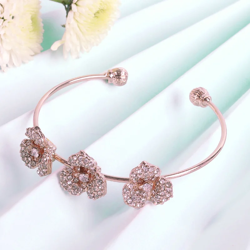 Women's silver-plated bangles-Estele Valentine ROSE Special Modern Rose Motif Cuff Bracelet: Stylish Rosegold Plated with Floral Detailing A Fashionable Statement for Women