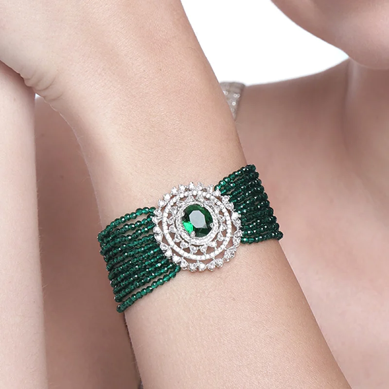 Women's evil eye bangles-Estele Rhodium Plated CZ Sparkling Multi-Layered Bracelet with Emerald Beads for Women