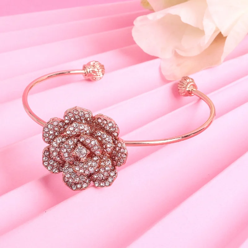 Women's wedding bangles-Estele Valentine ROSE Special Luxurious Rose Motif Cuff Bracelet: Rosegold Plated with Floral Charms Perfect Accessory for Women's Fashion & Gifts