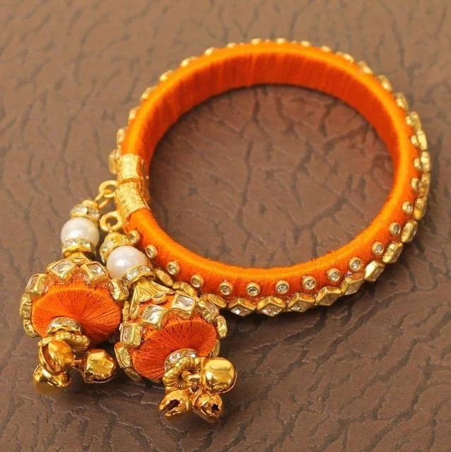 Women's chain bracelets-Designer Kundan Silk thread Adjustable Bracelet With Latkan Yellow