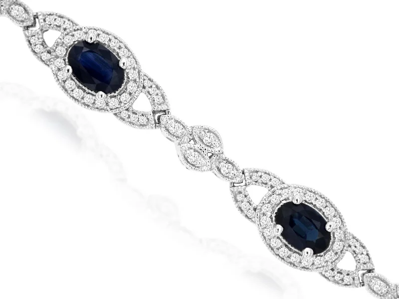 Women's leather bracelets-Sabel Collection White Gold Oval Sapphire and Diamond Bracelet